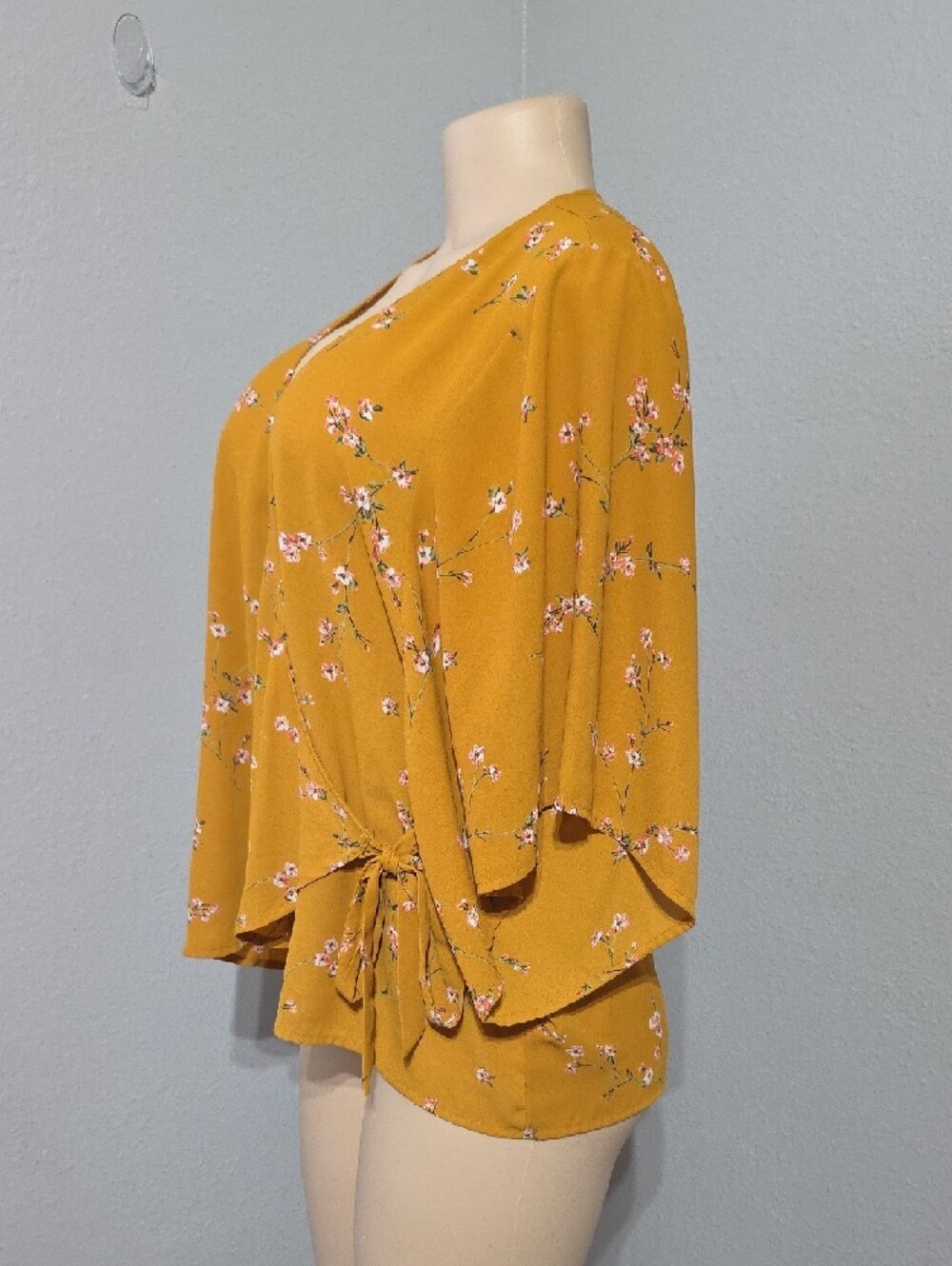 Express Mustard Floral Side-Tie Wrap Top Size L - Picture 6 of 12